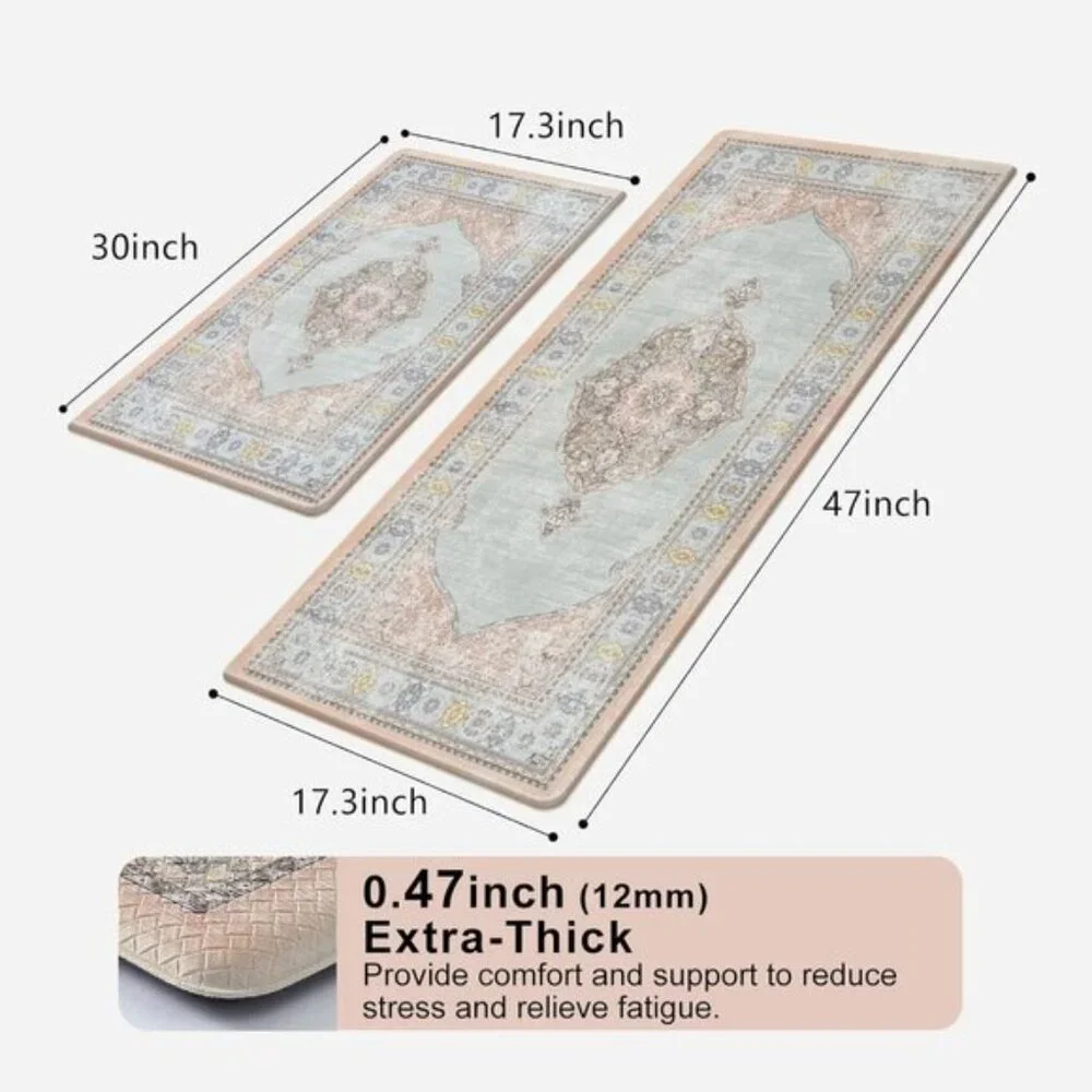 New 2Pcs Pink Kitchen Mat Set, Non Slip Cushioned Anti-Fatigue Floor Rugs